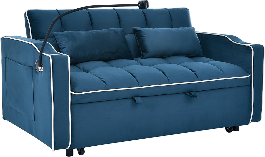 Merax Foldable Sofa Bed with USB Charging Ports, Pull Out Velvet Loveseat Sleeper with Phone Holder, Modern Futon Couch with Cup Holders & Adjustable Backrest for Living Room, Blue