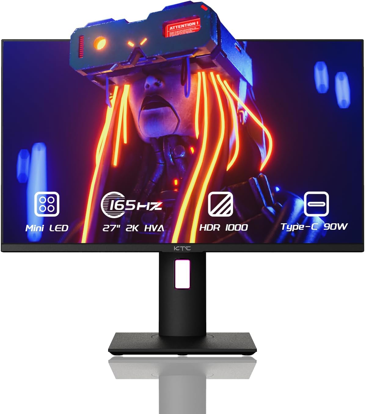 KTC 27 Inch Mini LED Monitor, 1440P 165Hz/144Hz Gaming Monitor, HDR1000, Built-in Speakers, HDMI2.0, DP1.4, Type-C 90W, USB, KVM, Swivel/Height/Pivot/Tilt Adjustable, Mountable, 2K PC Monitor