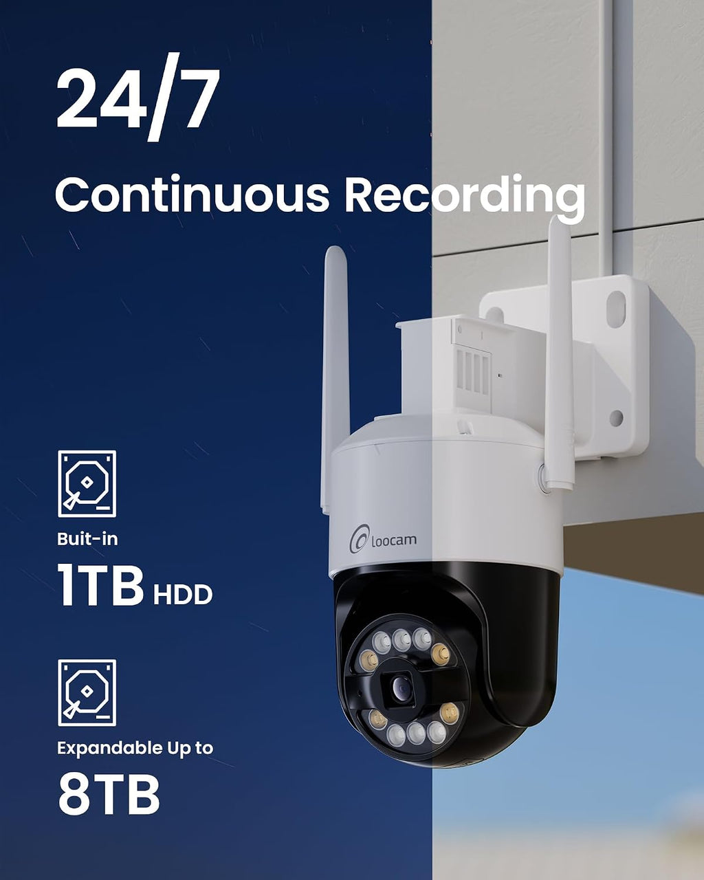 Loocam 4K Wireless Security Camera System Wi-Fi 6, Color Night Vision, 355° Pan 95° Tilt, Light & Siren Alarm, Human Vehicle Detection, Two-Way Audio Cameras for Home Security, 8CH NVR 1TB HDD