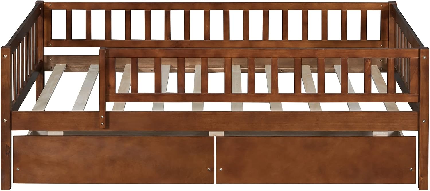 Montessori Bed Frame with Fence Railings and Drawers for Kids,Twin Size Wood Low Platform Bed Frame with Full-Length Safety Guardrails for Boys Girls,No Box Spring Needed,Walnut