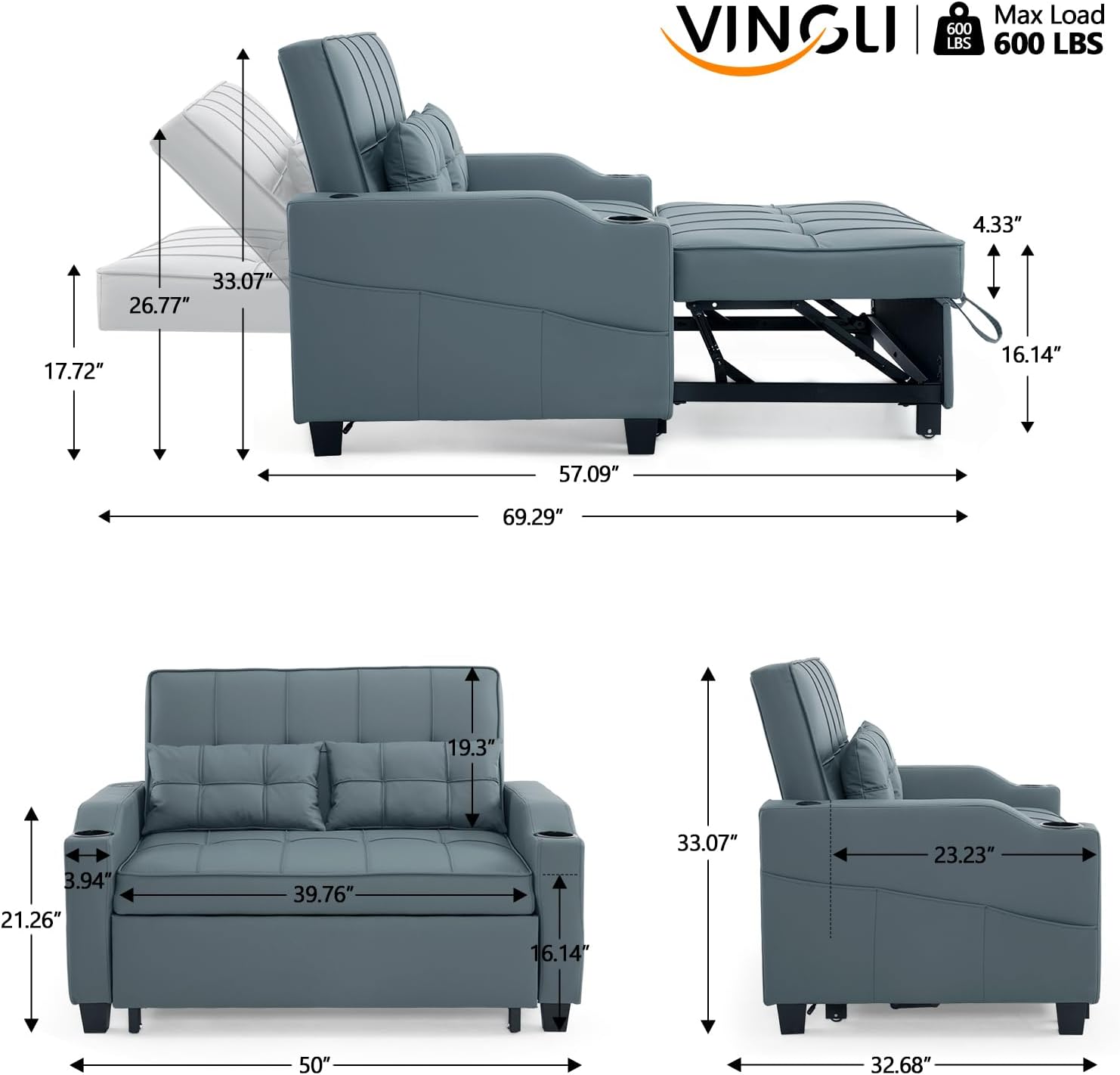 VINGLI Convertible Loveseat Sleeper Sofa, Blue Grey Faux Leather Futon Sofa Bed Pullout Couch Bed with USB Ports, Cup Holders, Armrest for Living Room, Bedroom, Home Office Apartment