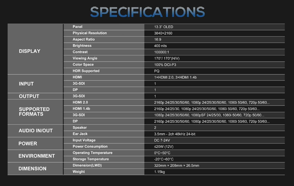 LILLIPUT 13.3' A13 OLED 4K 100000:1 Contrast and 100% DCI-P3 Color,Quad-Split,3G-SDI in&Out HDMI×4 DP×1 Broadcast Monitor