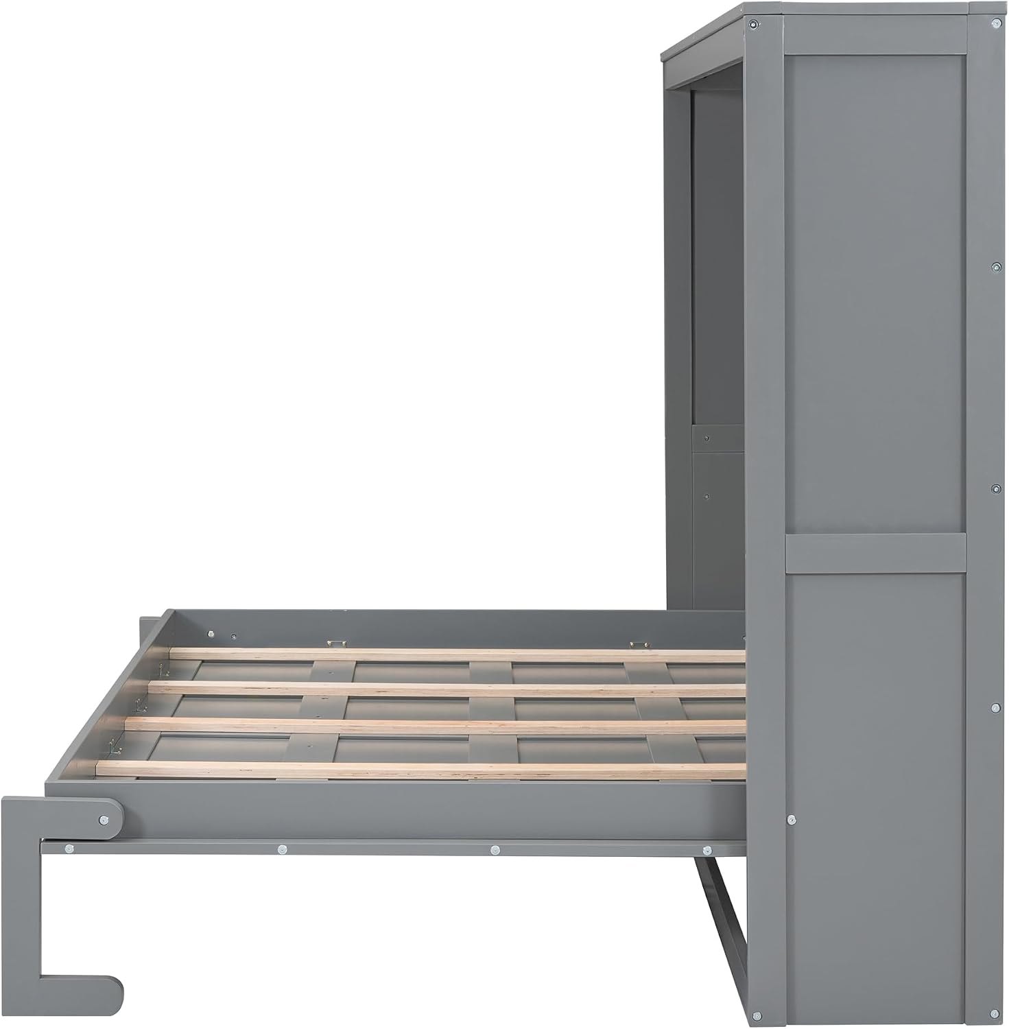 Merax Modern Farmhouse Solid Wood Murphy Bed Chest, Wall Bed with Wood Slat Support/No Box Spring Needed/Space Saving/Queen,Gray