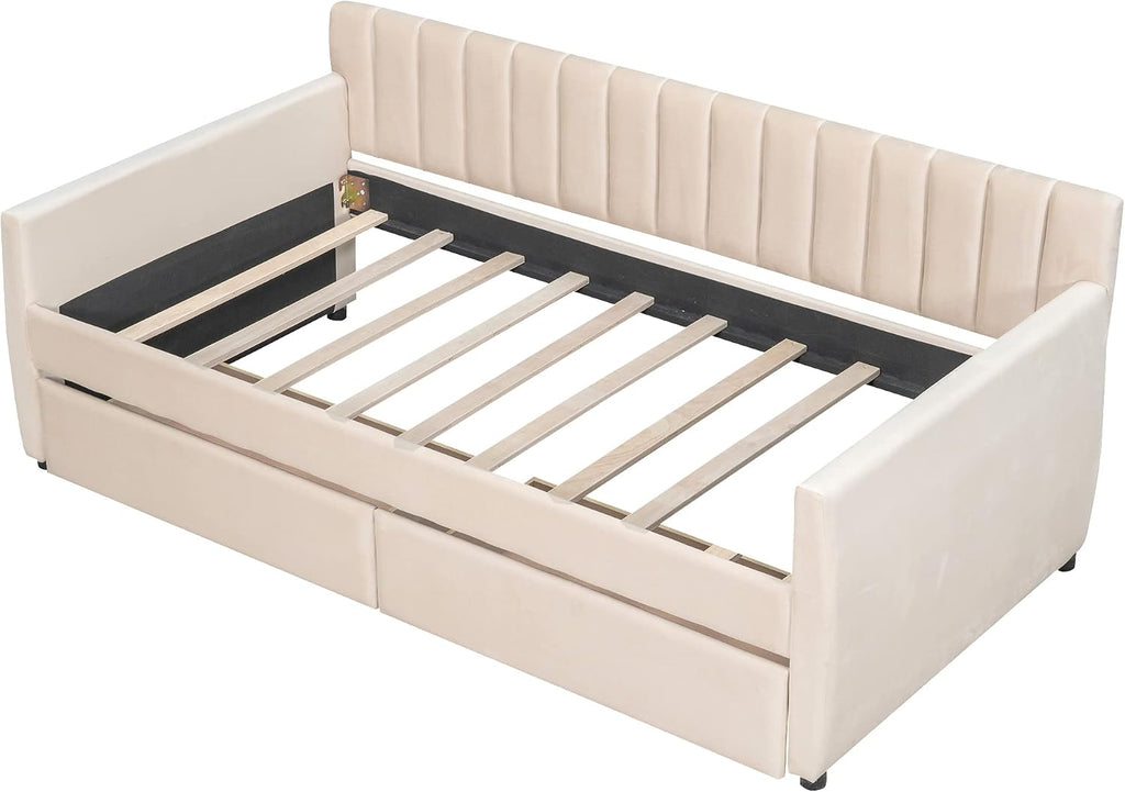 Merax Upholstered Daybed with 2 Drawers, Twin Size Bed Frame with Storage and Wood Slat Support, Beige