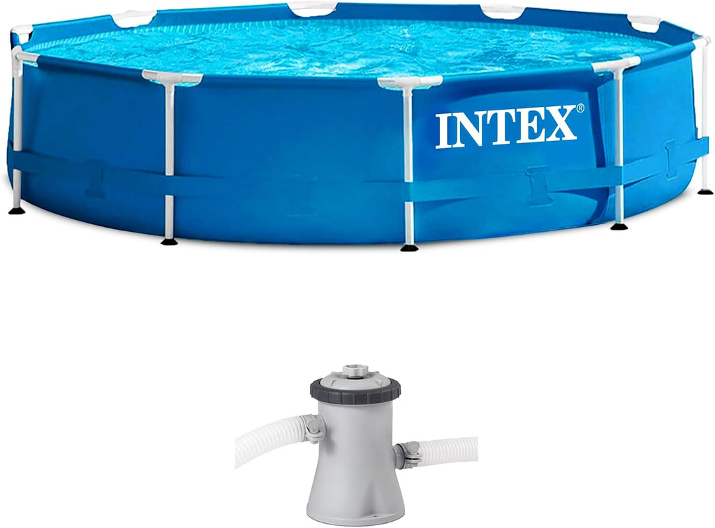 INTEX Metal Frame 10 ft x 30 in Above Ground Pool Set, Round Swimming Pool with Steel Frame, 330 GPH Cartridge Filter Pump, and Type H Filter Cartridge