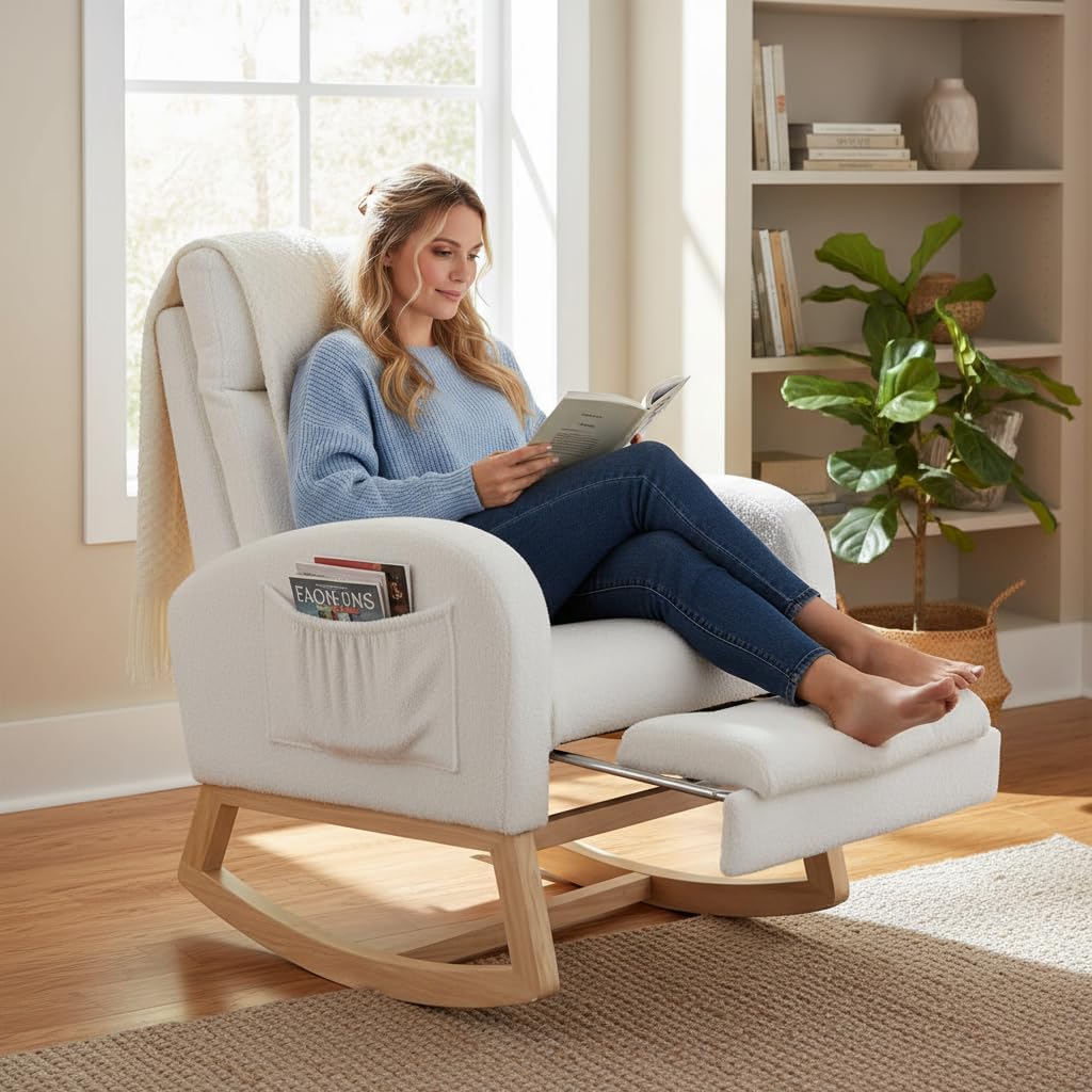 Modern Teddy Fabric Rocking Chair with Footstool, Nursery Rocker with Storage Pocket, High Back Wooden Base, 35-49 inch Length (Ivory, B)
