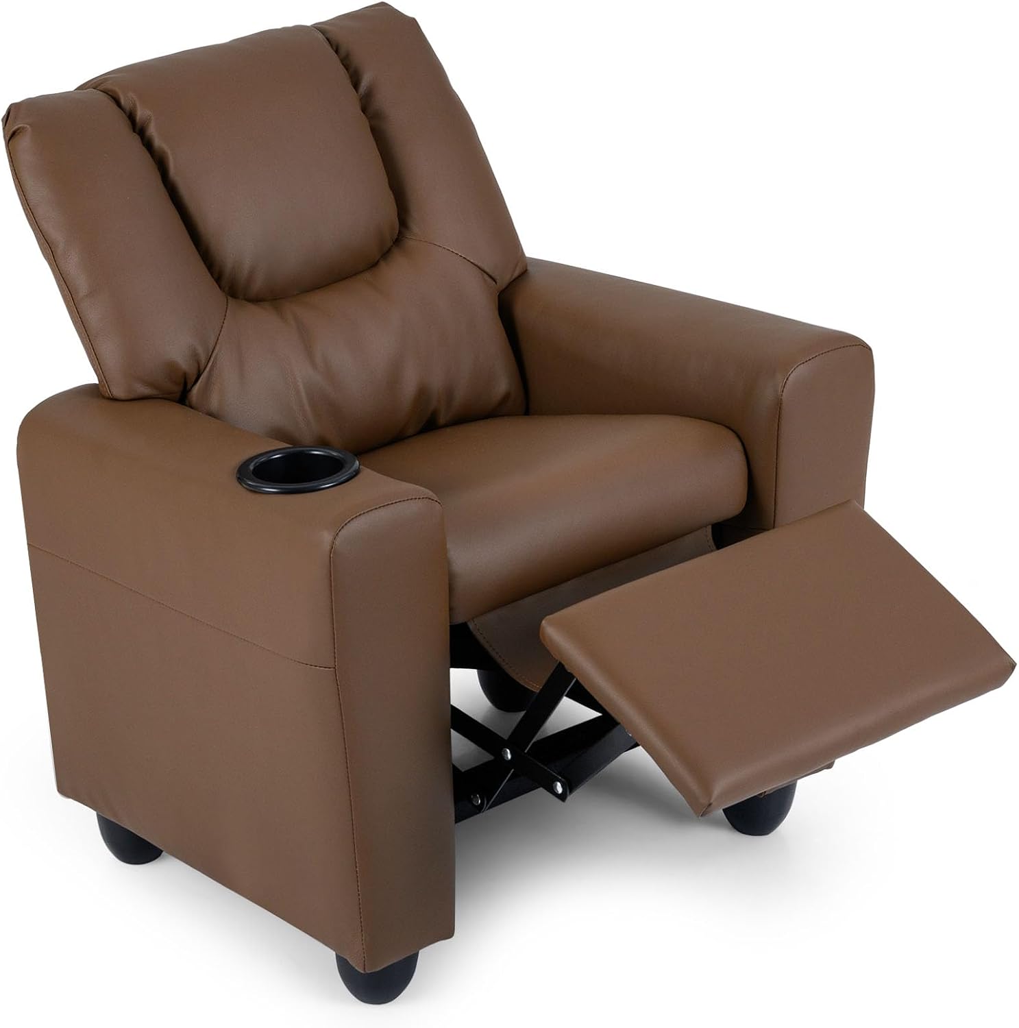 GLACER Kids Recliner with Cup Holder, PU Leather Toddler Lounge Chair w/Adjustable Backrest & Footrest, Spring-Loaded Seat Cushion, Push Back Toddler Sofa for Boys & Girls Ages 3+ Years Old (Brown)