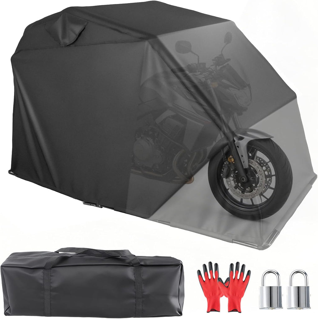 Motorcycle Cover Shelter Storage, 110' x 47' x 63', with Lock & Carry Bag, Heavy Duty 600D Oxford Vehicle Shed Cover Garage Tent with 2 Roll-Up Side Windows - Black