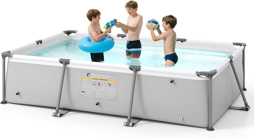 GYMAX 10' x 6.8' x 26' Metal Frame Above Ground Swimming Pool, Outdoor Backyard Famliy Pool w/Puncture-Resistant Fabric, Drainage Valve Connector for Kids & Adults (10' x 6.8' x 26', Rectangle, Grey)