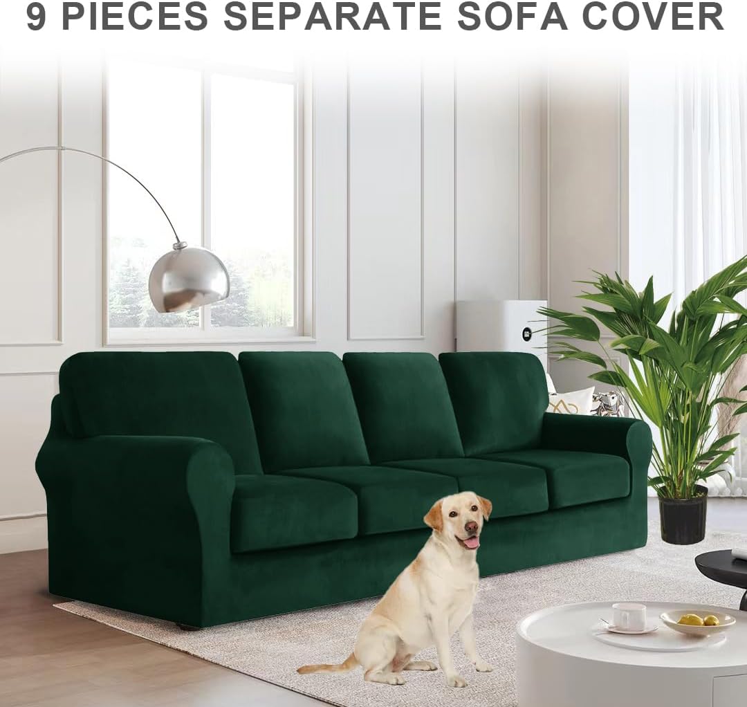 Couch Cover Velvet, Stretch Sofa Covers for Separate Main Cover/Backrests and Seat Cushions Couch Cover, for Living Room Furniture Slipcovers (Dark Green,Large Seat 9 Piece)