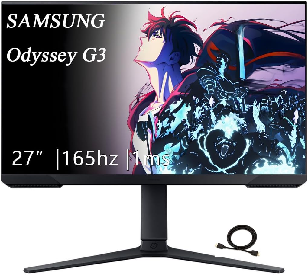 Samsung 27' Odyssey G3 Series FHD Gaming Monitor, 165Hz, 1ms, VESA Mount Capability, Eye Saver Mode, FreeSync Premium,Height Adjustable Screen, Black, with GSF HDMI Cable