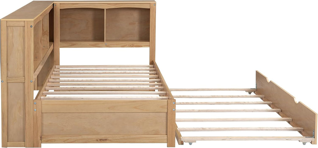 Harper & Bright Designs Twin Size Daybed with Trundle, Storage Bookcases, and USB Ports,Wood Twin Platform Bed with Headboard, Twin Size Sofa Bed Frame for Bedroom Living Room (Wood Color)