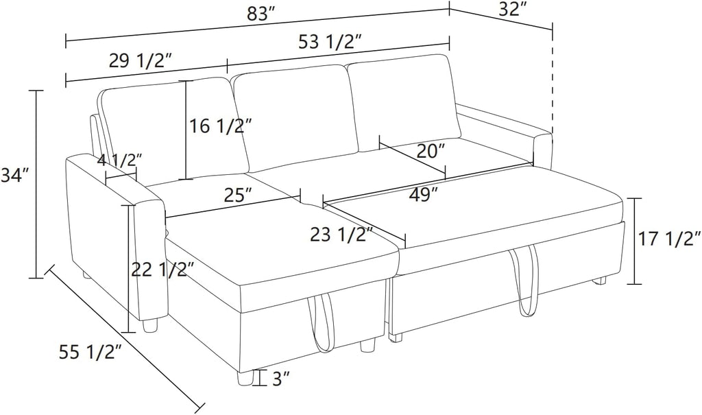 83 Inch L-Shape Sleeper Sofa with Pull Out Bed, 3-in-1 Pull-Out Couch with Storage Chaise, Sectional Convertible Couch for Living Room, Apartment, Black
