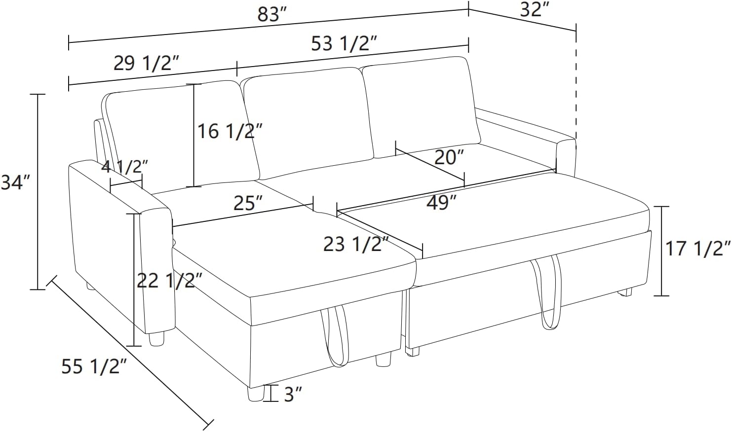 83 Inch L-Shape Sleeper Sofa with Pull Out Bed, 3-in-1 Pull-Out Couch with Storage Chaise, Sectional Convertible Couch for Living Room, Apartment, Black