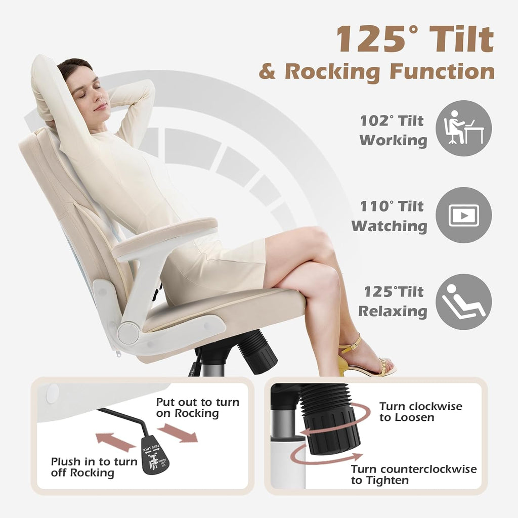 SEATZONE Home Office Desk Chairs with Wheels and Armrests,Office Chair Comfortable Ergonomic Mesh with Teddy Fleece Fabric Executive Computer Chairs for Adults and Teens,Beige