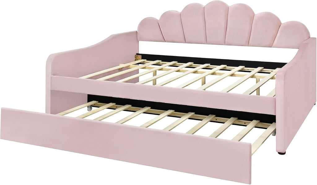 Bellemave Full Size daybed with Trundle, Sofa Bed Full Size, daybed with Trundle for Adults, Kids, Girls, Teens, Trundle Bed for Living Room, Velvet, Pink(Mattress not Included)