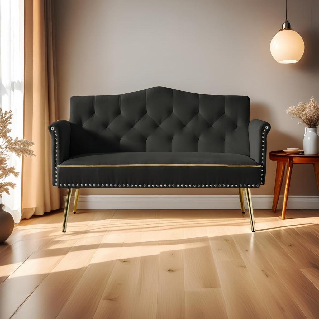oaaktu Small Velvet Loveseat Sofa with Gold Metal Legs,55-inch Modern Sofa Couch with 2 Side Pockets,Couch with Tufted Backrest for Living Room Bedroom Office (Black)