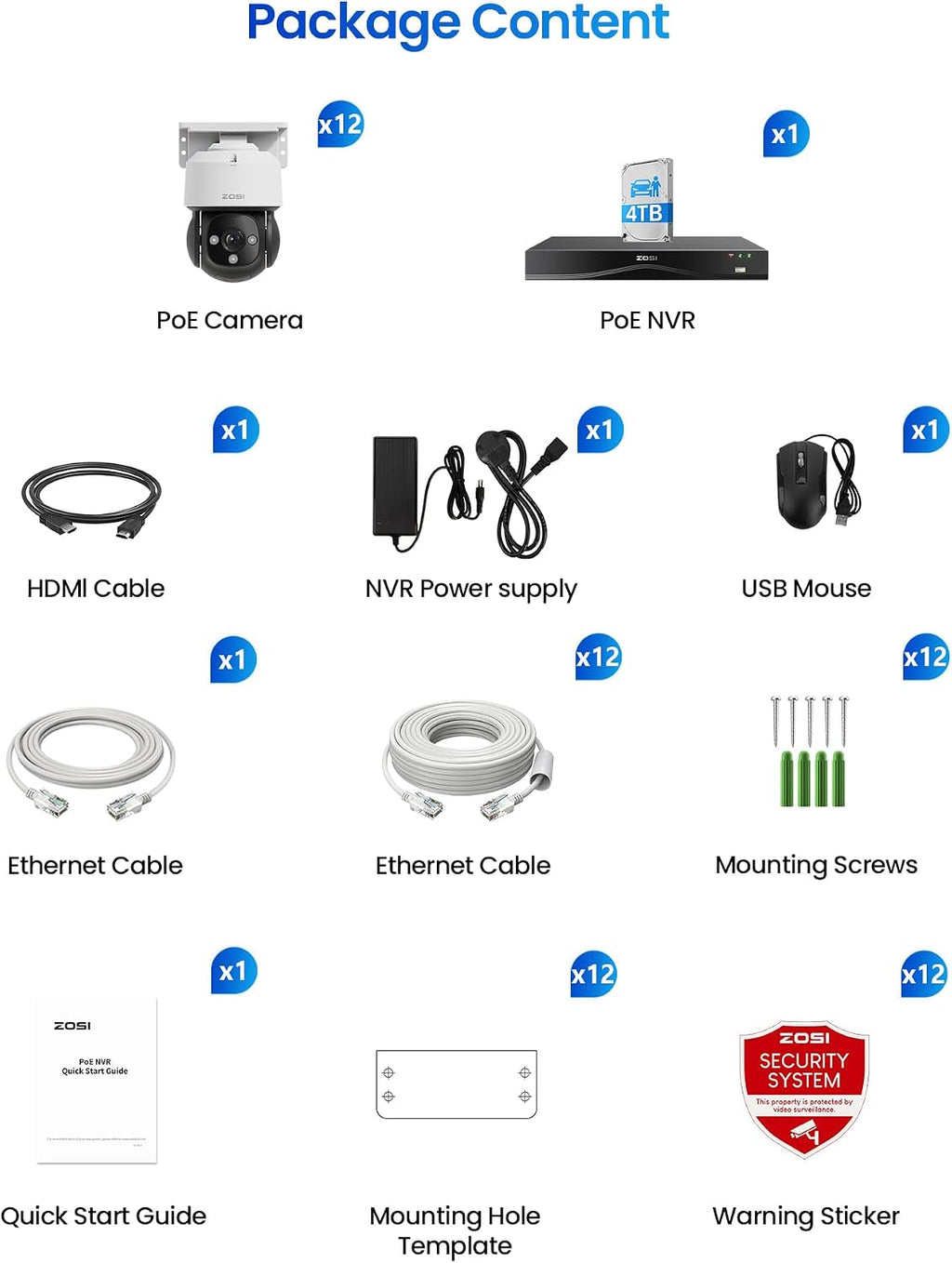 ZOSI C290 4K 16CH POE Security Camera System for 24/7 Recording, 12 x 8MP Wired PoE IP Cameras Outdoor, 360 View, AI Human/Vehicle/Face Detection, Two-Way Talk, Siren Alarm, Auto Tracking, 4TB HDD