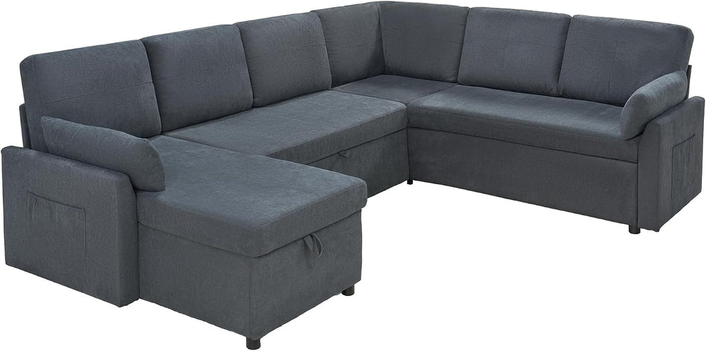 PaPaJet Sofa Bed, 112 Inch Sleeper Sofa, Oversized U Shaped Couch with Storage Chaise, Pull Out Couch for Living Room, Chenille Gray