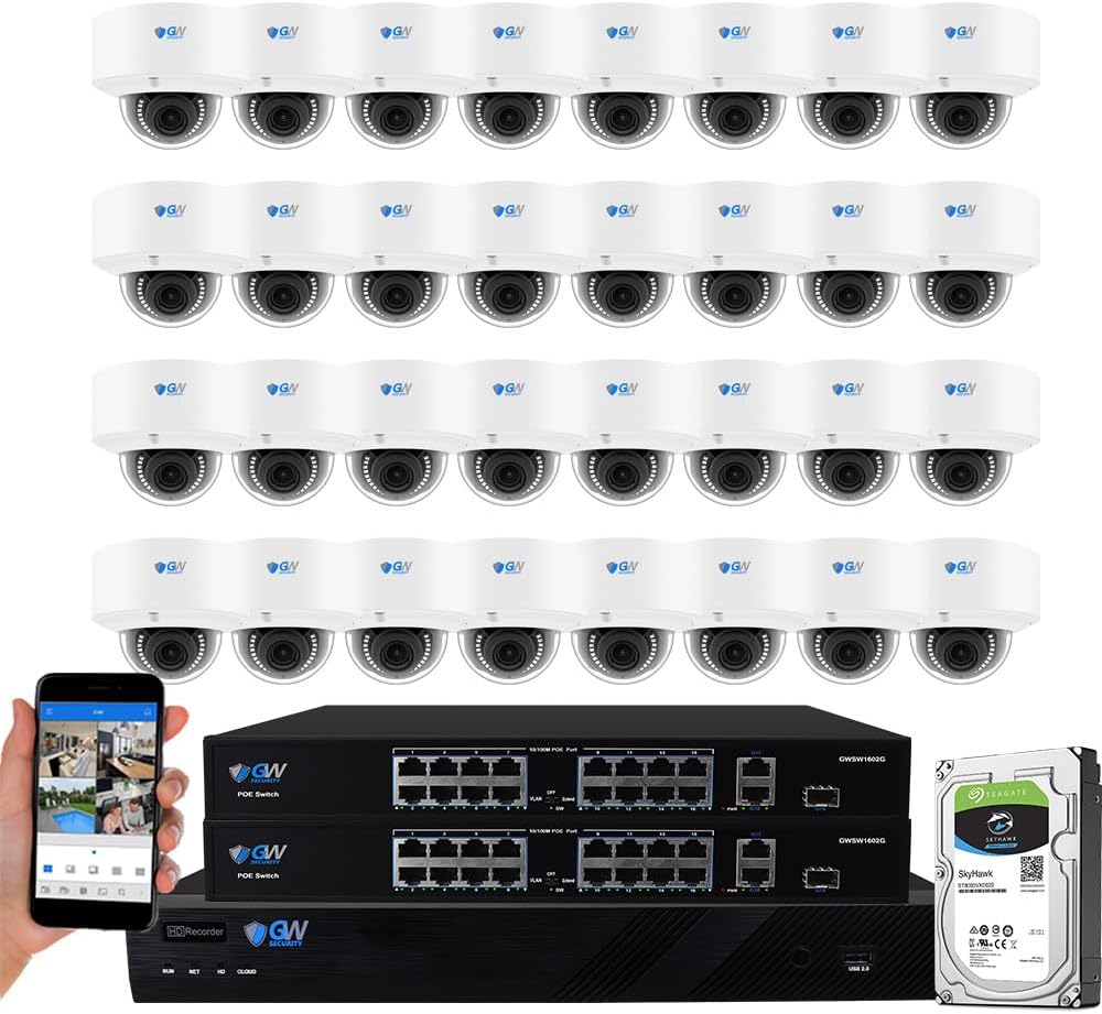 GW Security 32 Channel UltraHD 4K Motorized Zoom NVR Security Camera System - 32 x 8MP 2.7-13.5mm 5X Optical Zoom Face Recognition/Human/Car AI Detection Waterproof Microphone IP PoE Dome Cameras
