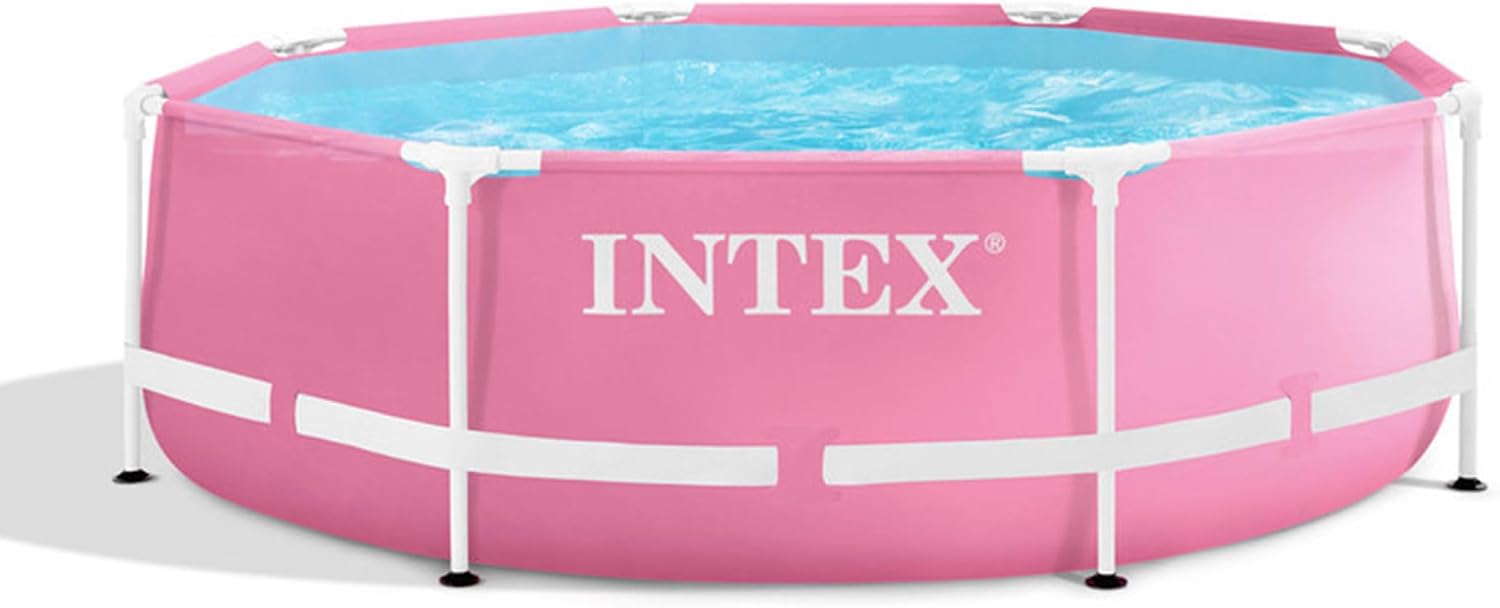 Intex 28290EH 8 Feet by 30 Inches Easy to Assemble Large Round Metal Frame Above Ground Swimming Pool with Dual Suction Outlet Fittings, Pink