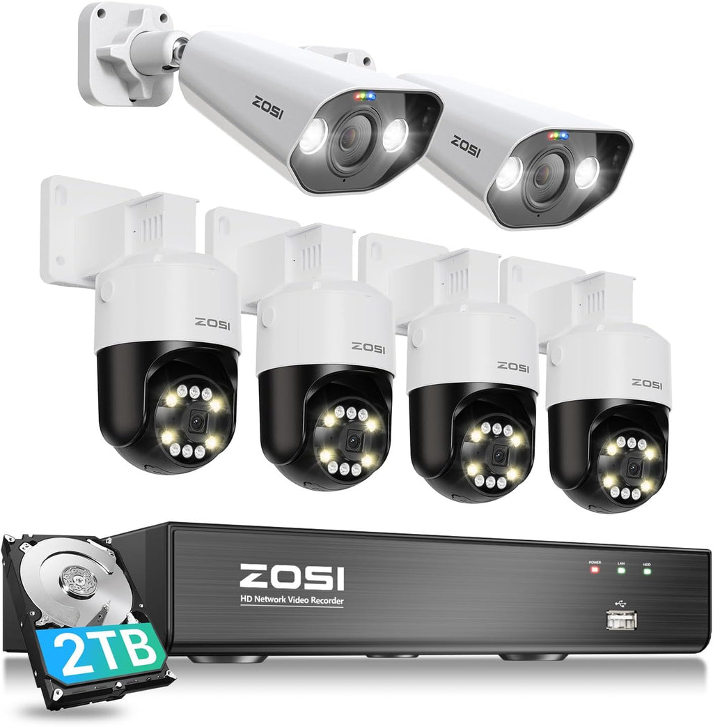 ZOSI 8CH (16CH Expandable) 4K PoE Security Camera System with AI Face Person Vehicle Detection, 6 X 5MP 3K Outdoor PT Bullet IP PoE Cameras, 2-Way Audio, 5X Digital Zoom, 2TB HDD for 24/7 Recording