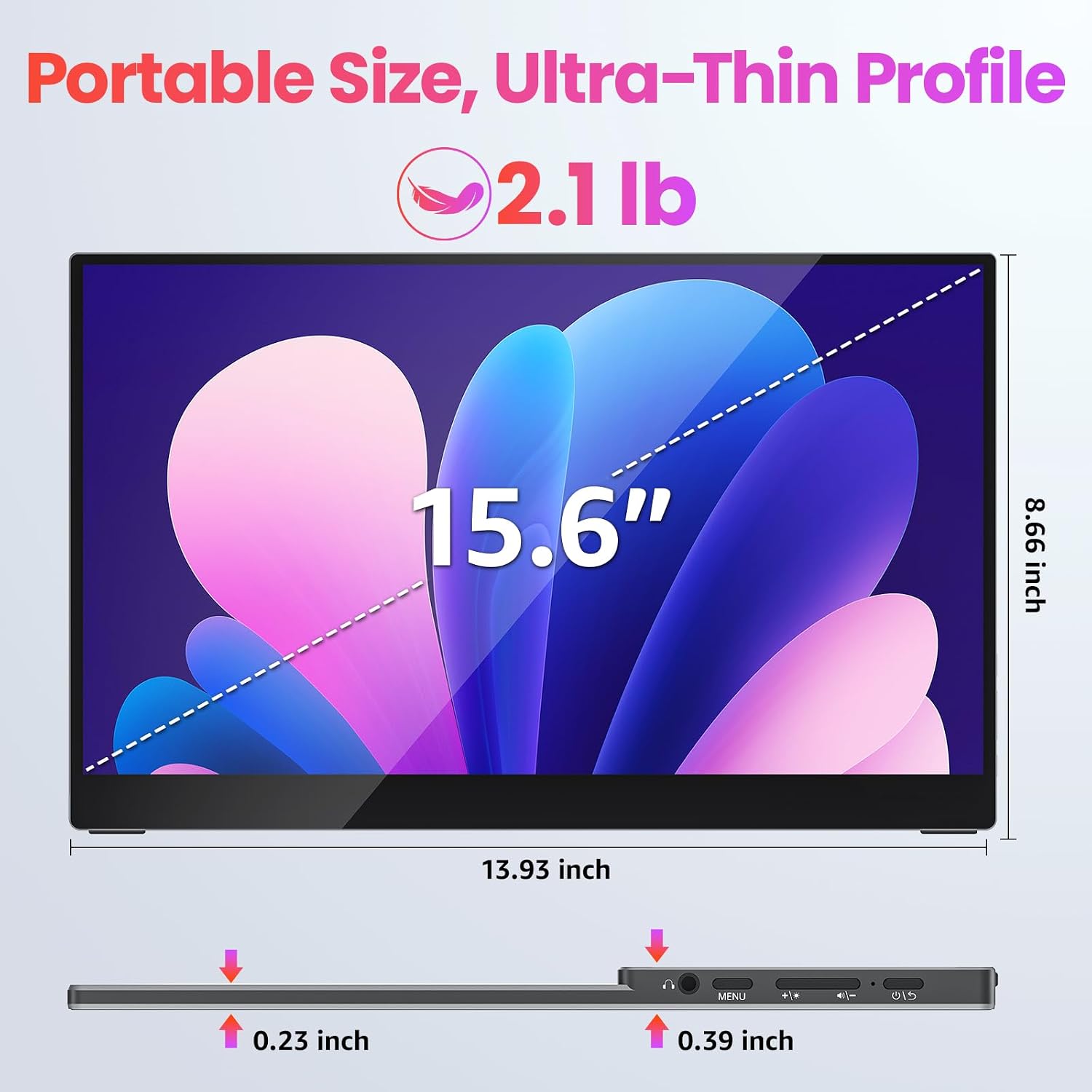 Upperizon Portable Monitor 15.6 inch FHD 90% sRGB 60Hz HDR HDMI USB-C Travel Monitor for Laptop MacBook PC Surface PS5 Xbox, External Display with Kickstand & Speakers, VESA Compatible