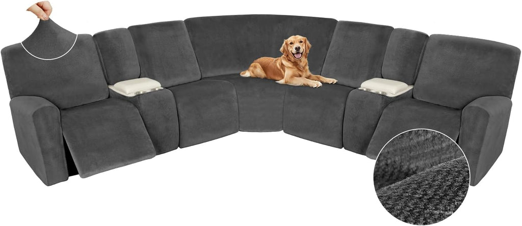 Arfntevss Sectional Recliner Couch Covers Velvet Washable Corner Sectional Sofa Cover for Reclining Couch Stretch Soft Thick L Shape Recliner Slipcover (5 Seat with 2 Console Cover, Charcoal Gray)