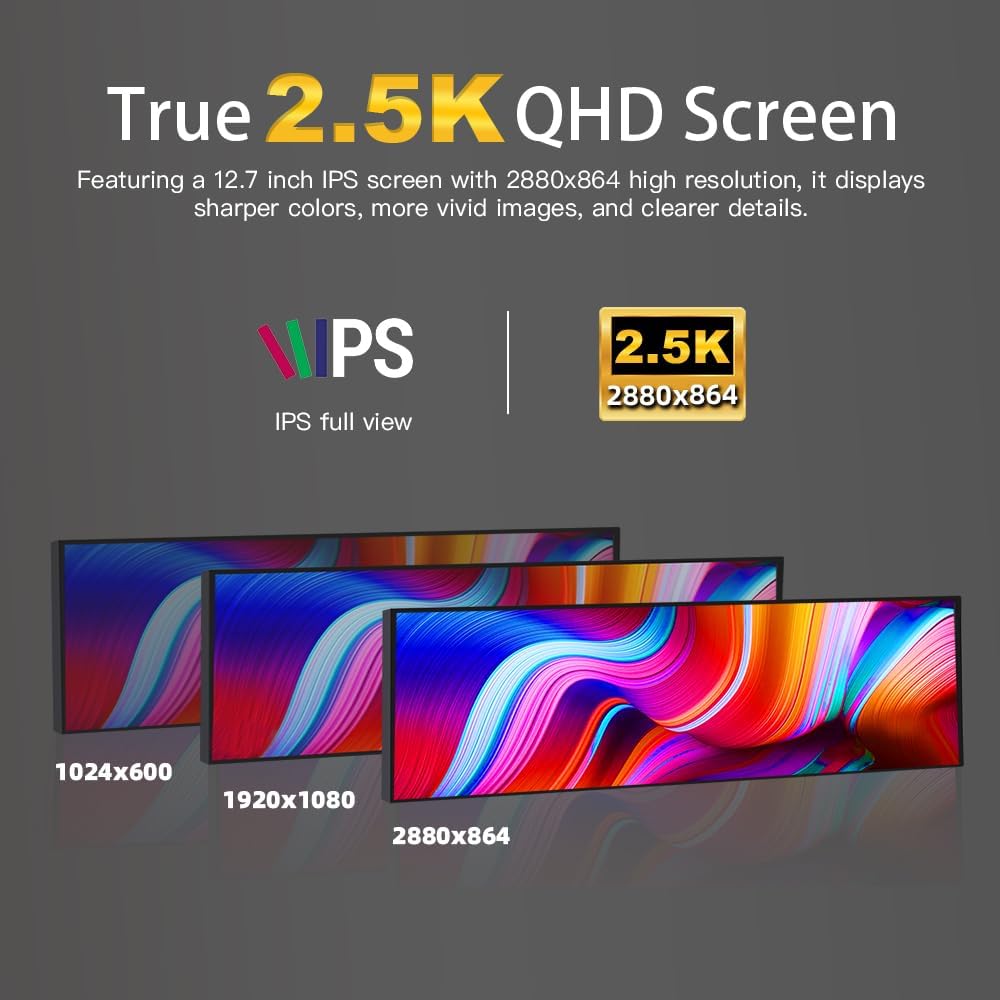 120Hz 12.7 inch 2.5K QHD IPS 2880x864 Stretched Bar Touch Screen Display HDMI USB C Secondary Monitor for Laptop PC Music Media Timeline Editing