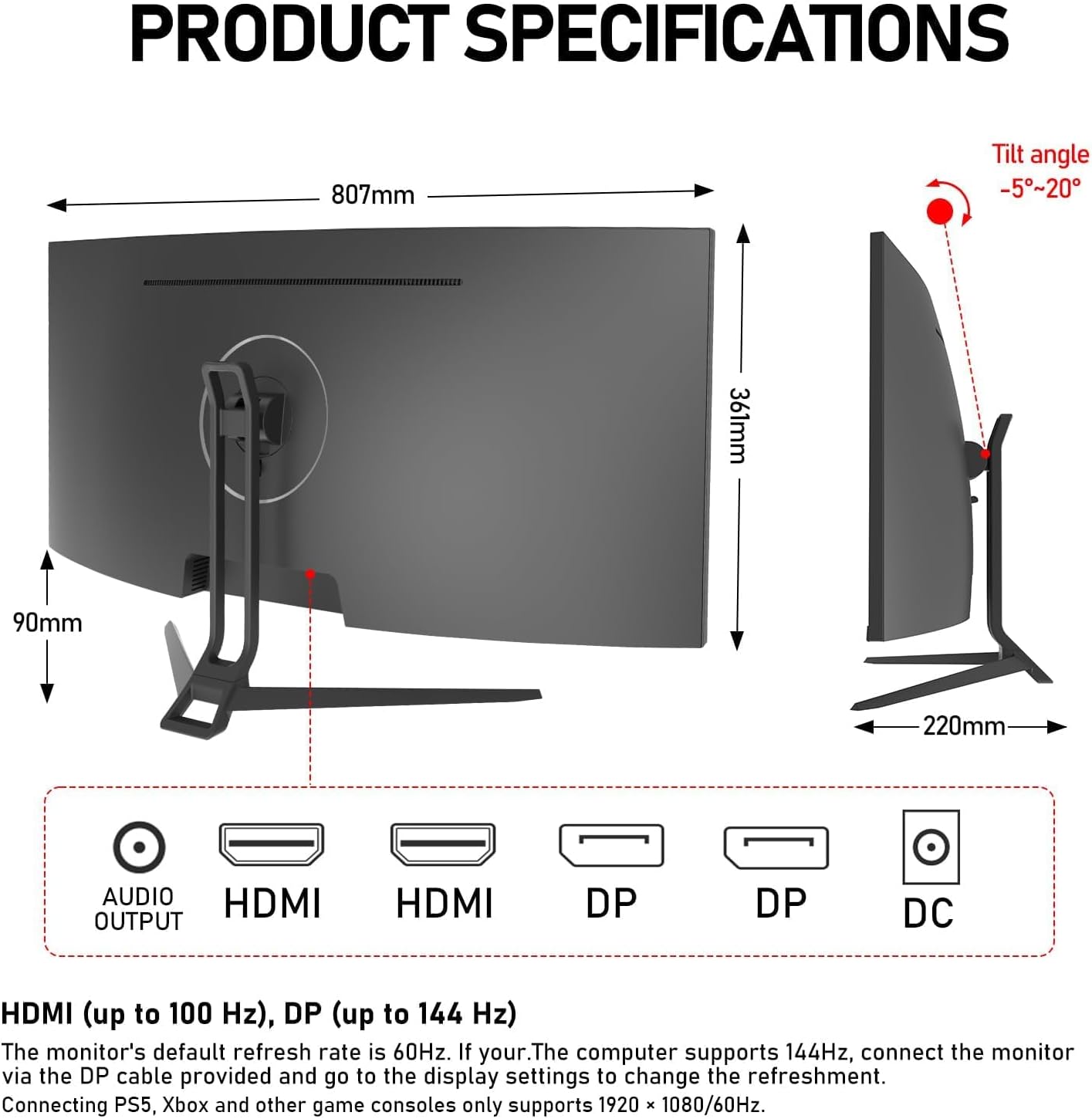 Gawfolk 34 Inch Ultrawide Curved 144Hz Gaming Computer Monitor 1500R PC Screen,21:9 UWQHD (3440x1440),Adaptive Sync,178° Viewing Angle,Display Port、HDMI2.0,Compatible with wall mounting - Black