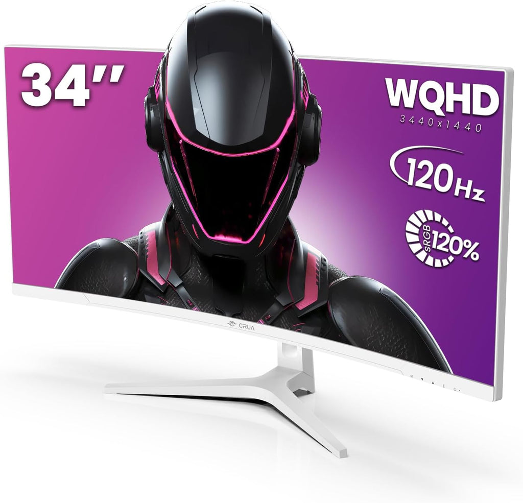CRUA 34' Curved Gaming Monitor, WQHD 3440x1440, 120Hz Computer Monitors, 1500R VA Screen, 120% sRGB, AMD FreeSync, Blue Light Filter, HDMI 2.0 & DP 1.4, Wall Mountable Installs- White