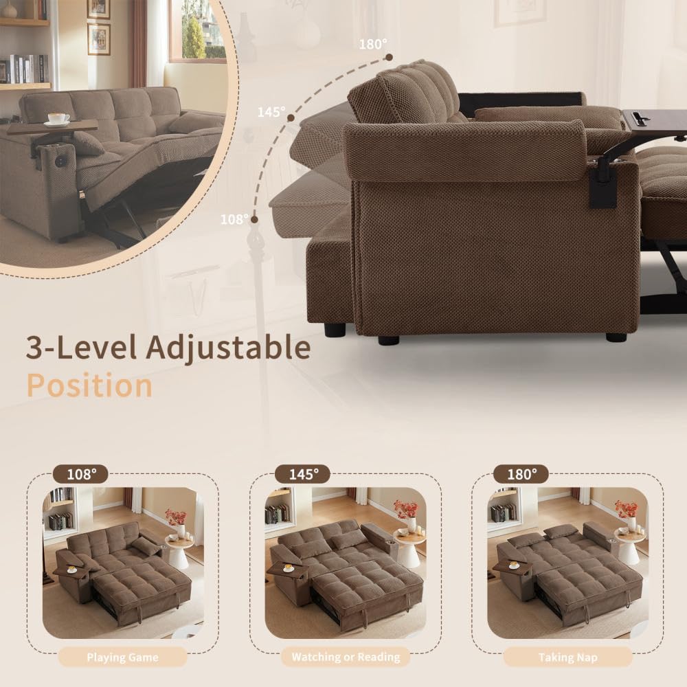 Auvsoce 65'' Convertible Sleeper Sofa Bed with Adjustable Backrest, Chaise Lounge, Side Table & USB/Type-C Ports – Stylish & Functional Addition to Any Living Room (Brown)