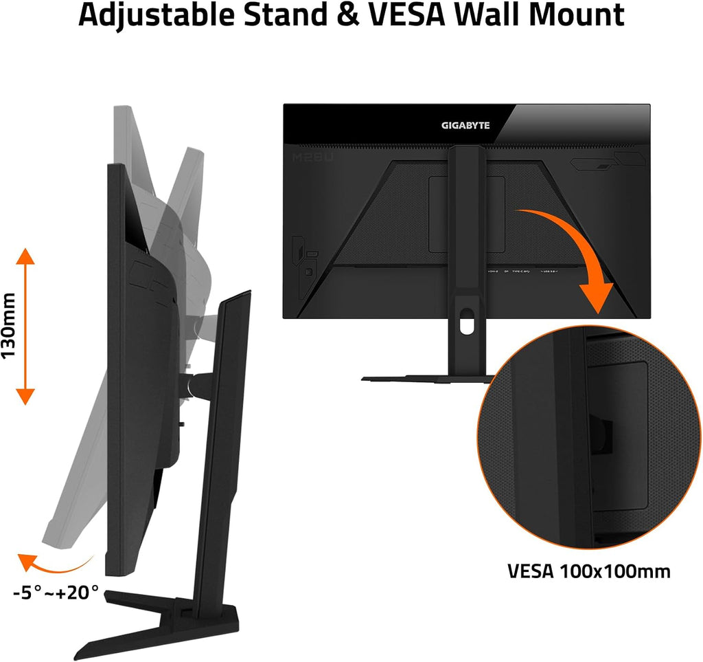 GIGABYTE M28U 28' 144Hz Gaming Monitor, 3840 x 2160 SS IPS Display, 1ms (GTG) Response Time, 9‎4% DCI-P3, VESA Display HDR400, FreeSync Premium Pro, 1x Display Port 1.4, 2X HDMI 2.1 (M28U-SA)
