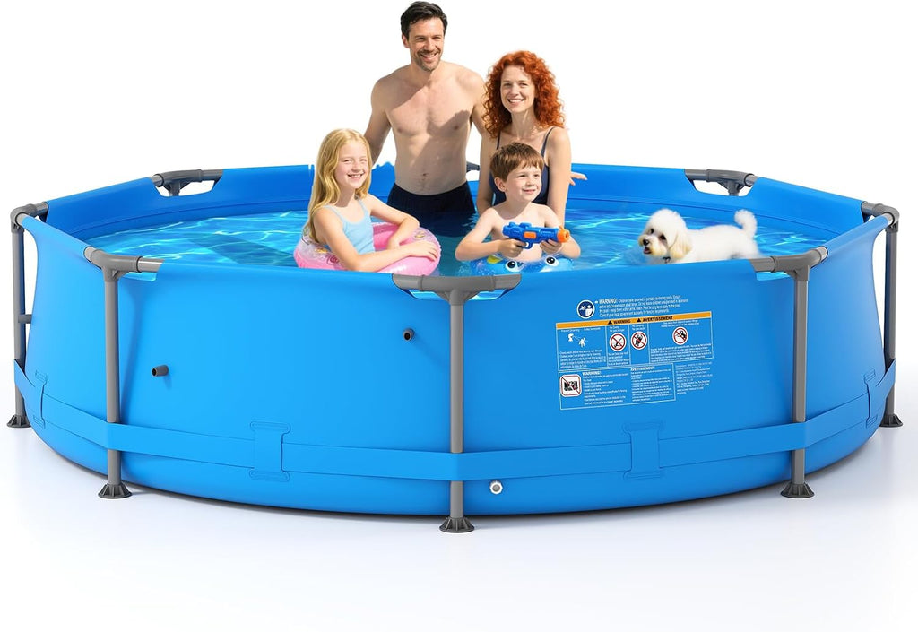 GYMAX 10ft x 30in Metal Frame Above Ground Swimming Pool, Outdoor Backyard Famliy Pool Set with Puncture-Resistant Fabric, Drainage Valve Connector for Kids & Adults (10' x 30', Round, Blue)