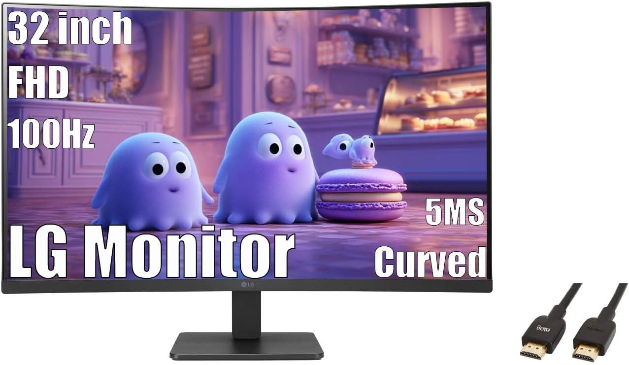 LG 32 inch Curved Monitor, FHD VA Display, 100Hz, 5ms, AMD FreeSync, Dynamic Action Sync, Black Stabilizer, Reader Mode, Flicker Safe, Auto Input Switch, OnScreen Control, with 5ave HDMI4 Cable