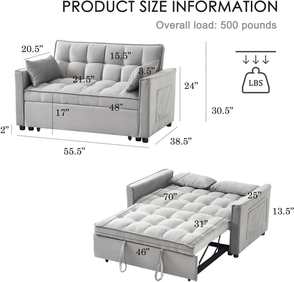 3-in-1 Loveseat Sleeper Sofa, Modern 55.5' Pull Out Couch, Velvet Upholstered Futon Sofa Bed with Adjustable Backrest, Convertible Sofa Bed with Storage Pockets for Living Room(Light Grey)