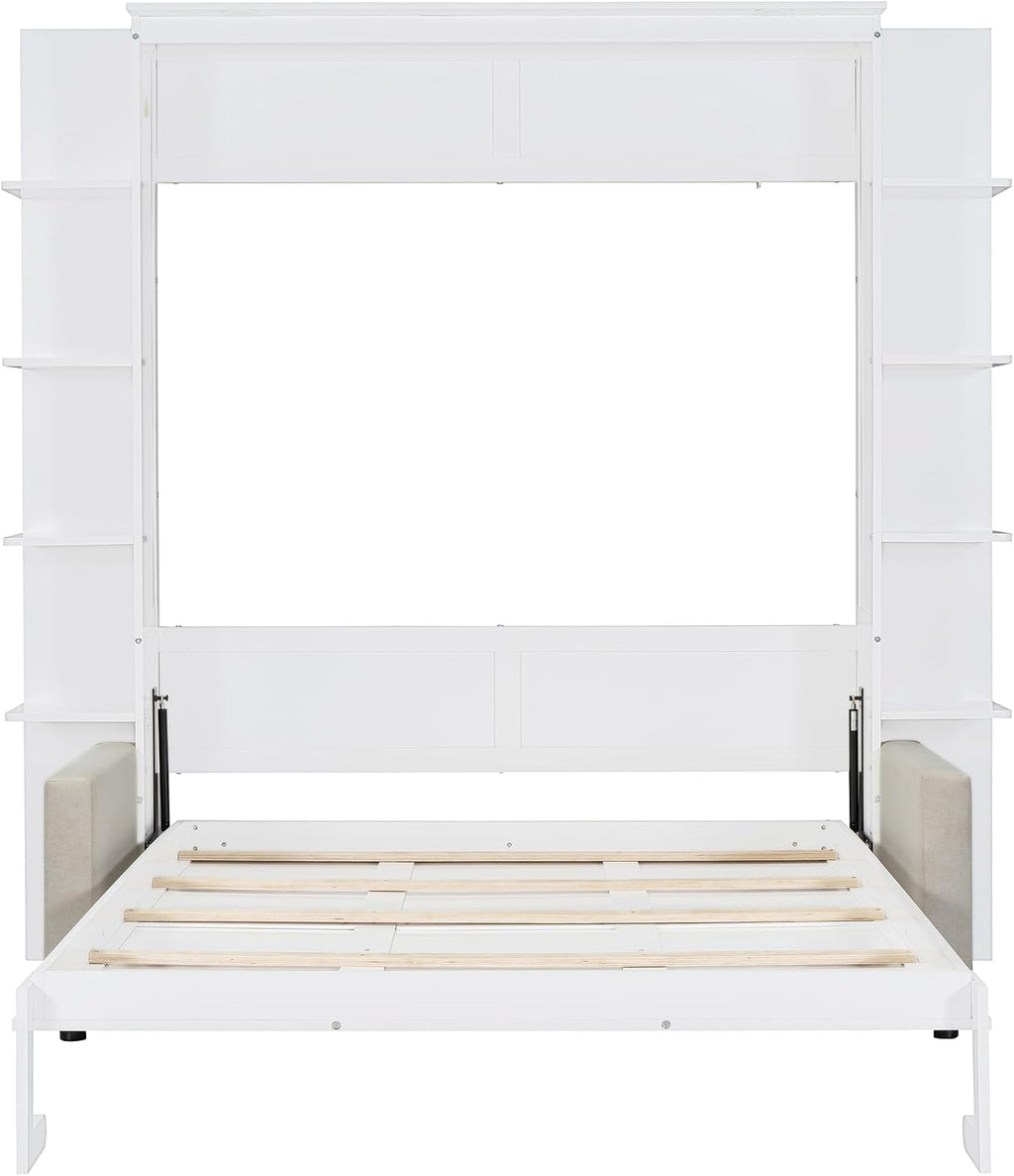 Merax Queen Size Murphy with Sofa and Shelves for Bedroom or Guestroom Wall Bed Space Saving Hidden Bed,No Need Fix to The Wall,Gray