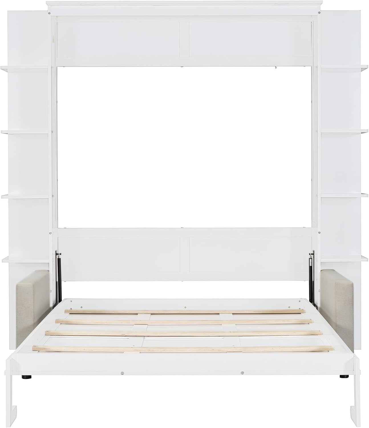 Merax Queen Size Murphy with Sofa and Shelves for Bedroom or Guestroom Wall Bed Space Saving Hidden Bed,No Need Fix to The Wall,Gray