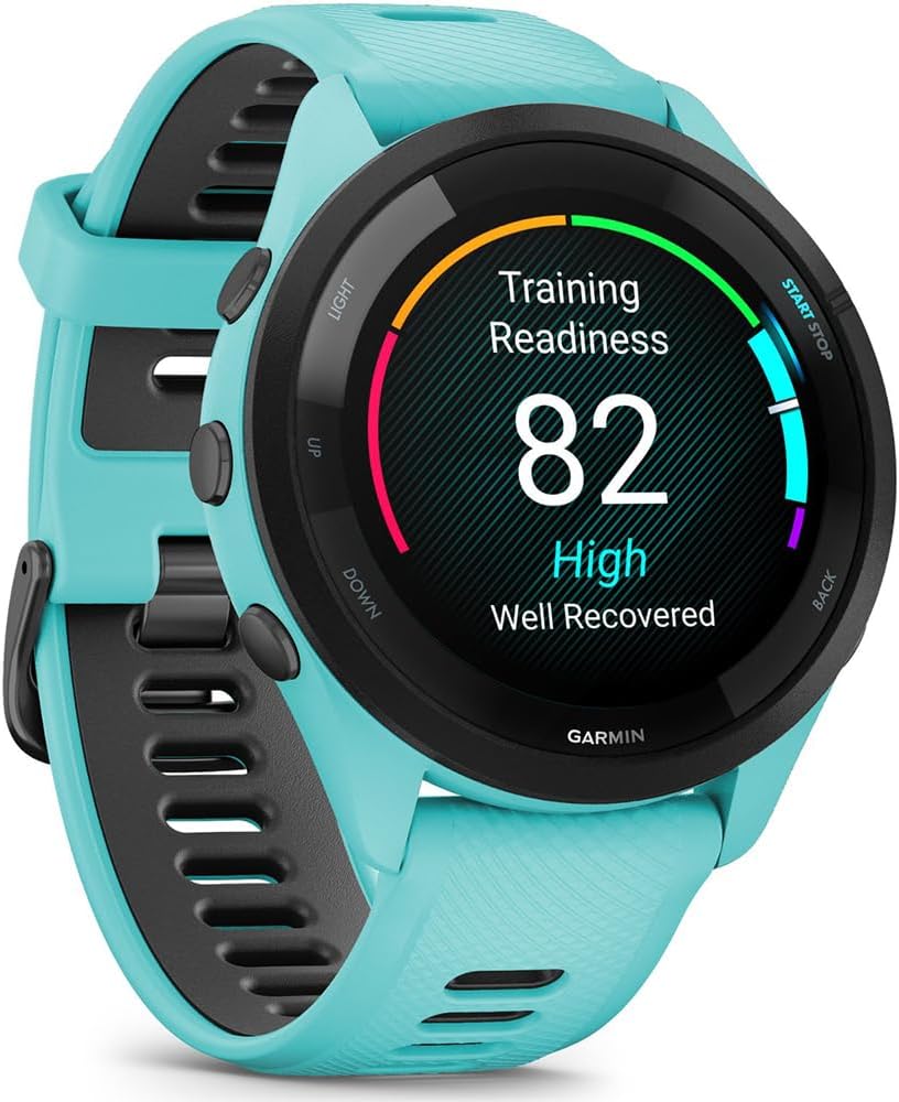 Garmin 010-02810-02 Forerunner 265 GPS Smartwatch Aqua/Black Bundle with Deco Essentials Silicone Dust Cover 3 Pack, Round Tempered Glass Screen Protector and 2 YR CPS Enhanced Protection Pack
