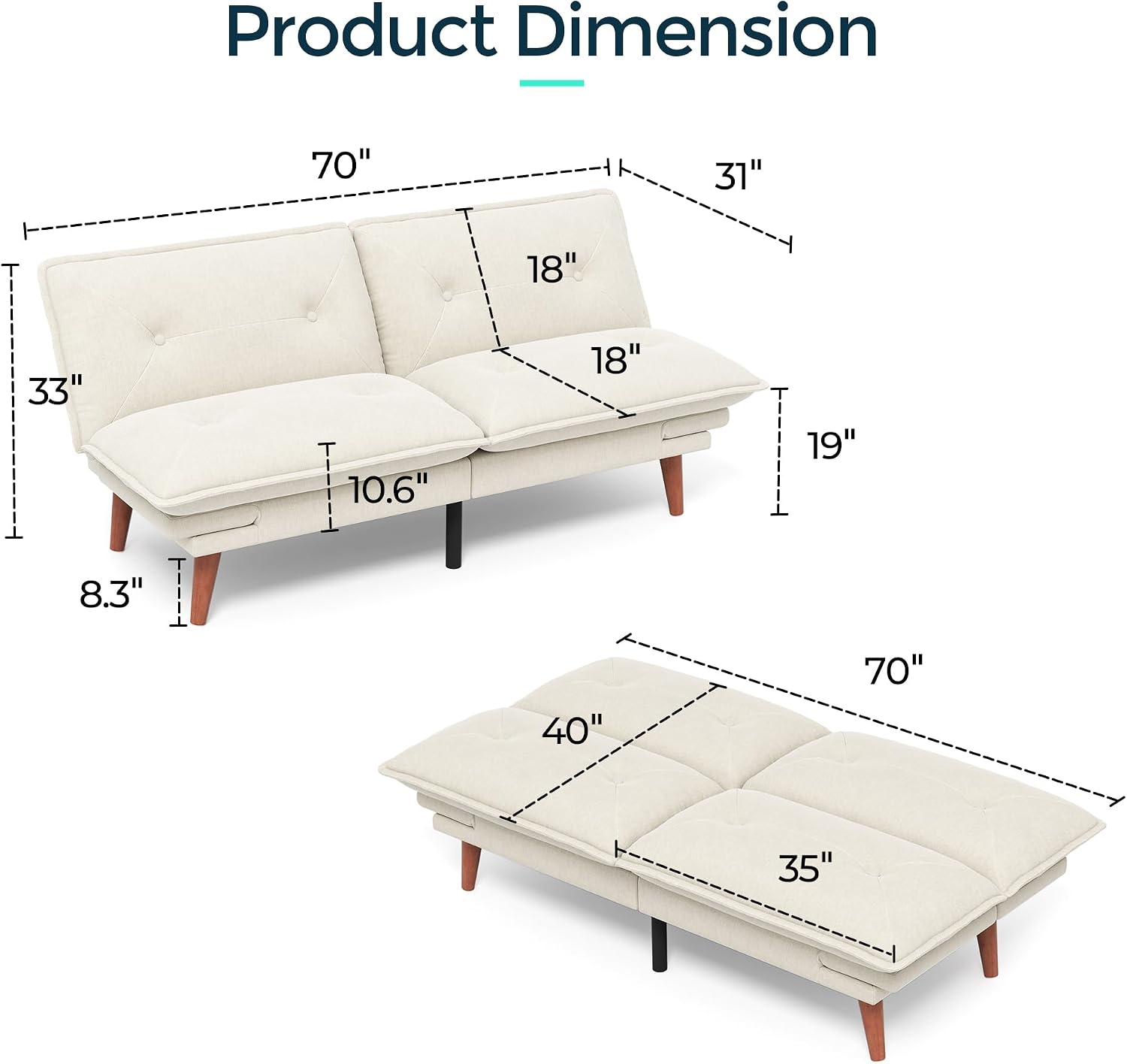 LINSY HOME Futon Sofa Bed, 70' Chenille Futon Couch with Adjustable Backrest Armrest, 3 in 1 Convertible Comfy Loveseat Sleeper Sofa Bed for Small Spaces Dorm Room Apartment Home Office(Beige White)