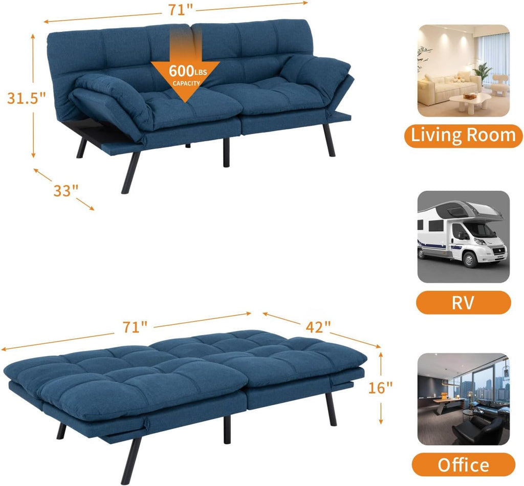 MUUEGM 71-Inch Convertible Futon Sofa Bed with Adjustable Backrest & Removable Armrests, Foldable Sleeper Loveseat for Small Space Living Room, Studio Apartment, Home Office，Blue