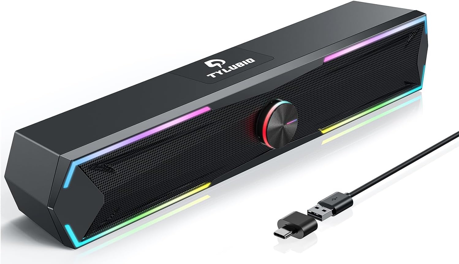 Tylubio Pc Speakers Computer Sound Bar with Stereo Sound, Flowing LED & Push-Button Control Computer Speaker for Desktop Laptop Monitor, USB Input - (Gray)