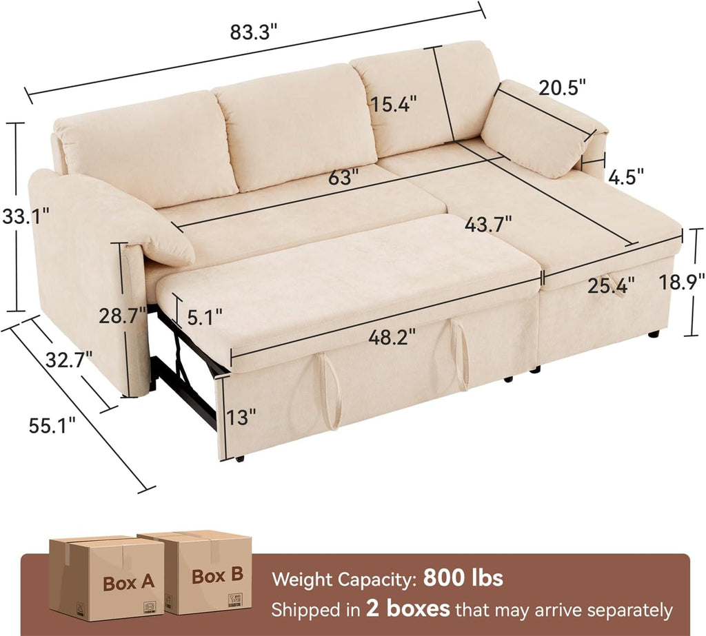 Tbfit 83'' 3 in 1 Sleeper Sofa Couch with USB & Storage Chaise, Cloud Sofa Bed with Pull Out Bed, Chenille Convertible Sleeper Sofas for Living Room, Small Spaces, Beige