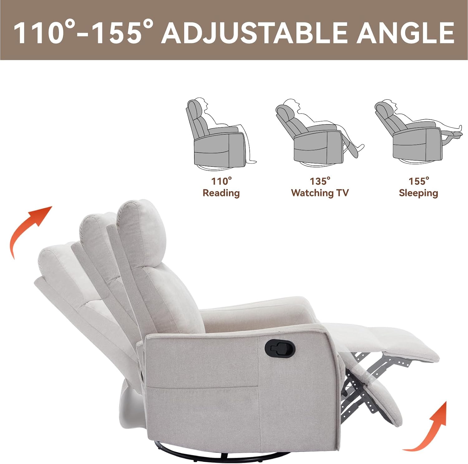 Massage Chair Recliner with Heat, 360° Swivel Glider Rocker with Reclining Backrest and Footrest, Manual Lazy Boy Recliners for Adults, Modern Nursery Rocking Chairs (Beige)