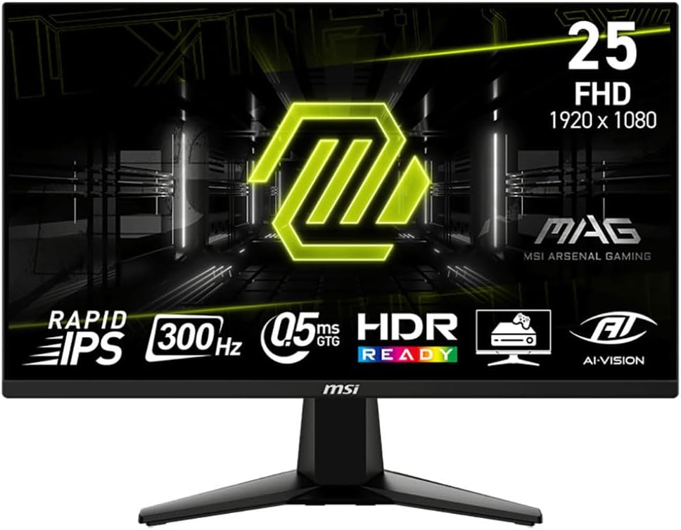 msi MAG 255XF 25-inch 1920 x 1080 (FHD) Curved Monitor, 300Hz, Adaptive Sync, HDMI, DisplayPort, VGA Port, VESA Mountable, Tilt, Speaker, Slim Bezel, 0.5ms, Black