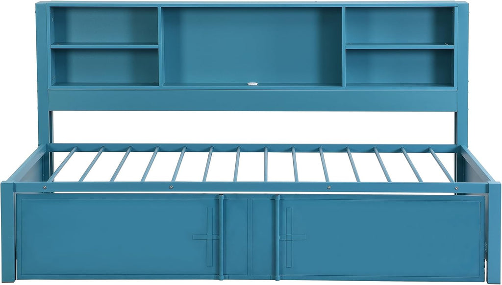 Harper & Bright Designs Twin Bed with Trundle and Storage Bookcase, USB Ports, Solid Wood Platform Bed Frame Twin Size Daybed Sofa Bed for Bedroom Living Room (Twin Size, Blue)