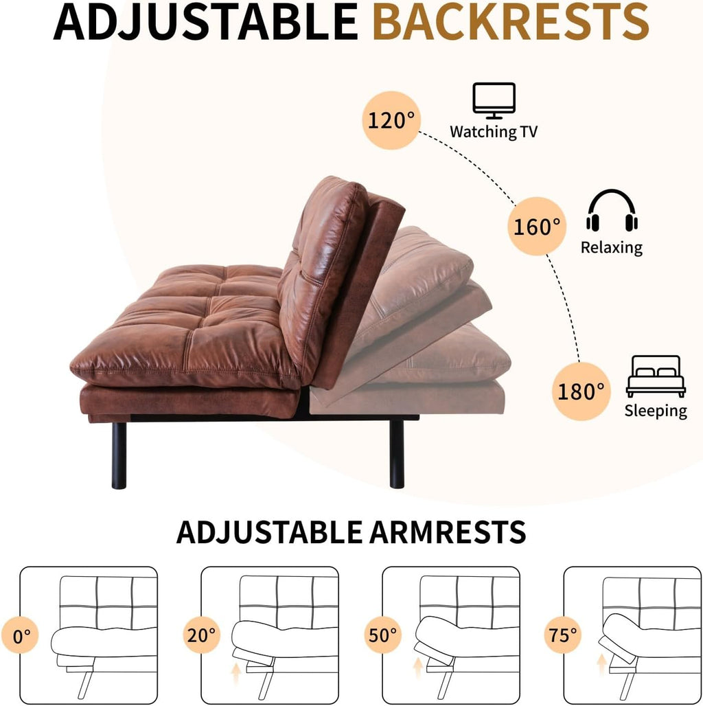MUUEGM Convertible Memory Foam Sofa Bed with Adjustable Backrest & Armrest, Modern Futon Couch for Living Room, Office, Apartment, Space-Saving Design, Easy Assembly,Brown Leather