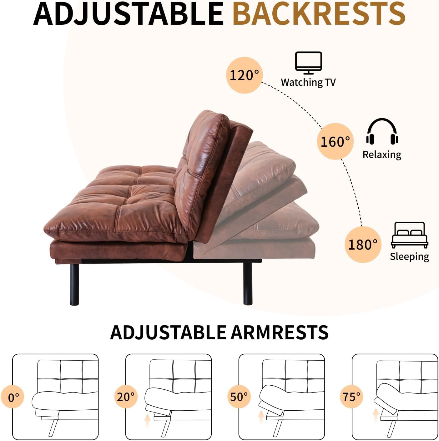 MUUEGM Convertible Memory Foam Sofa Bed with Adjustable Backrest & Armrest, Modern Futon Couch for Living Room, Office, Apartment, Space-Saving Design, Easy Assembly,Brown Leather