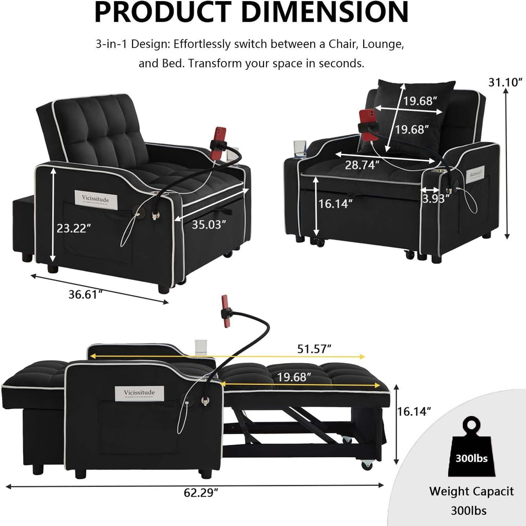 Convertible Sofa Bed, 3 in 1 Futon Sofa Bed with USB Charging Ports, Cup Holder, Phone Stand & Pocket, Modern Upholstered Sleeper Sofa for Living Room, Apartment or Small Space (Black)