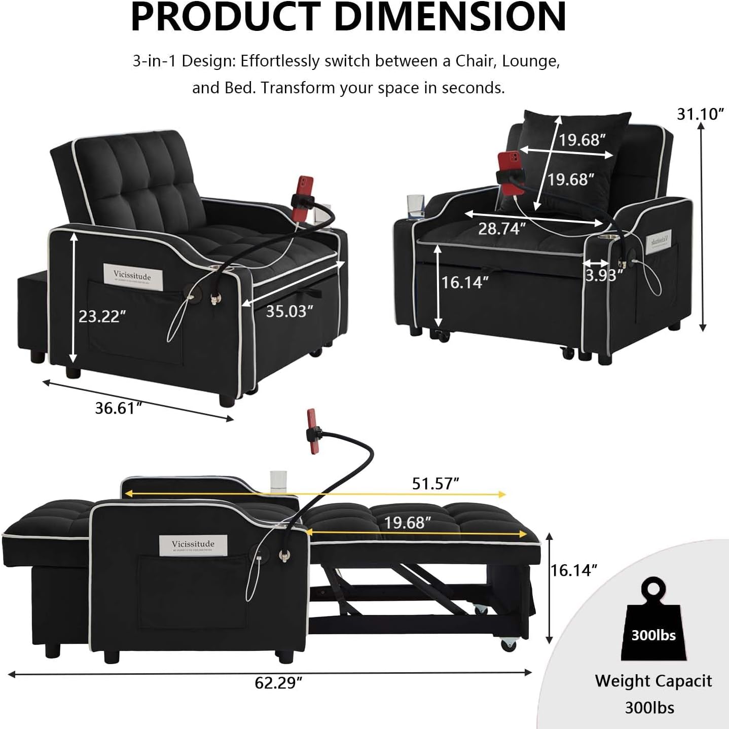 Convertible Sofa Bed, 3 in 1 Futon Sofa Bed with USB Charging Ports, Cup Holder, Phone Stand & Pocket, Modern Upholstered Sleeper Sofa for Living Room, Apartment or Small Space (Black)
